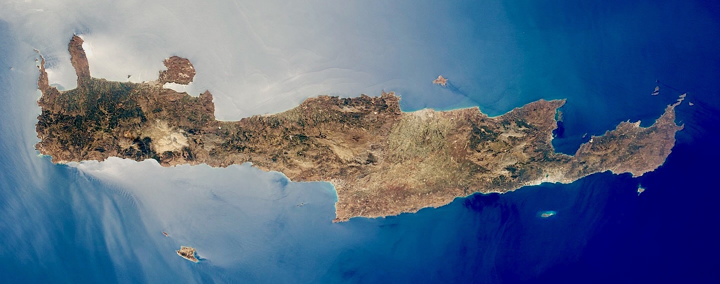 The long, skinny island of Crete.
