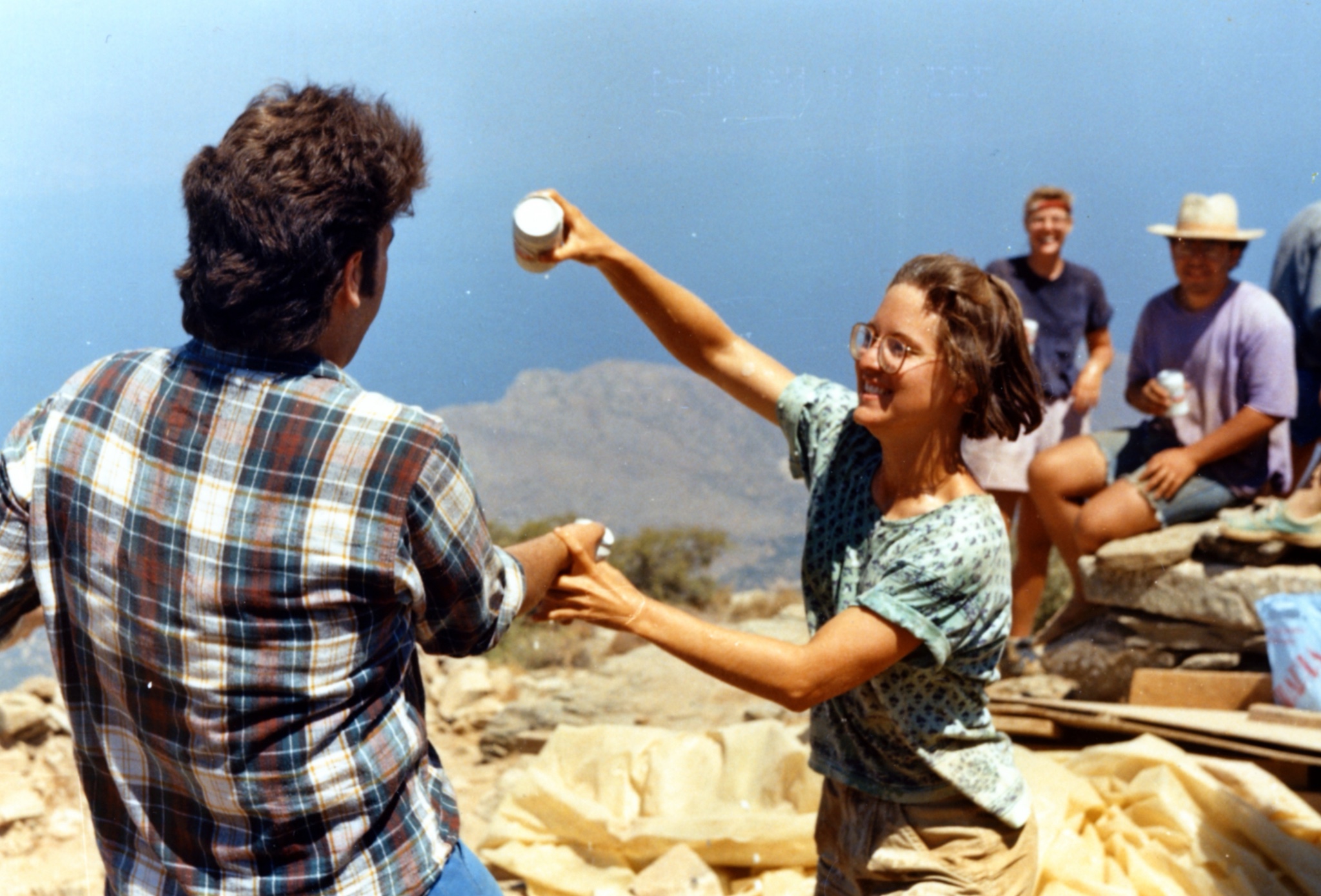 Manolis only came up the mountain once that summer, for the end-of-dig party. Usually, he had to work in the taverna. That’s him on the right, in the blue plaid shirt.