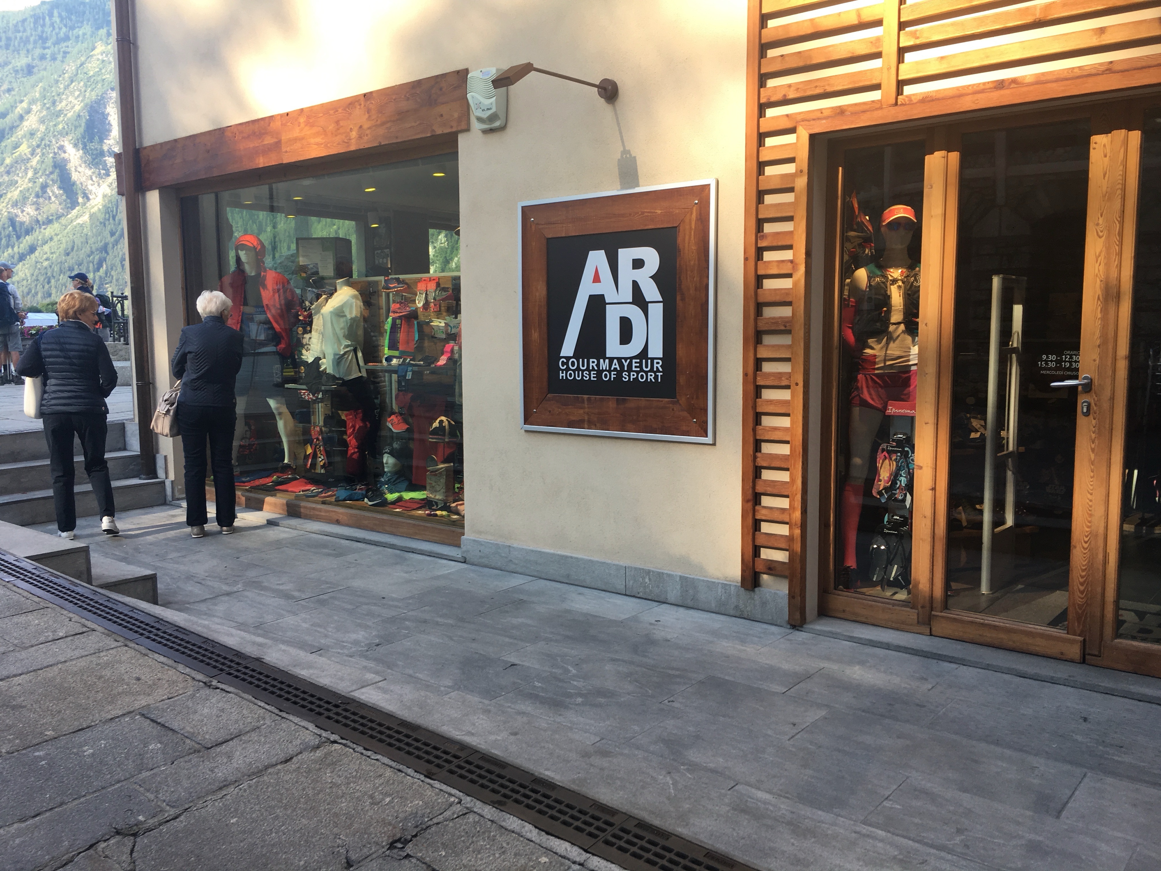 Courmayeur house of sport, where you can get compression socks and hydration bladders, etc.