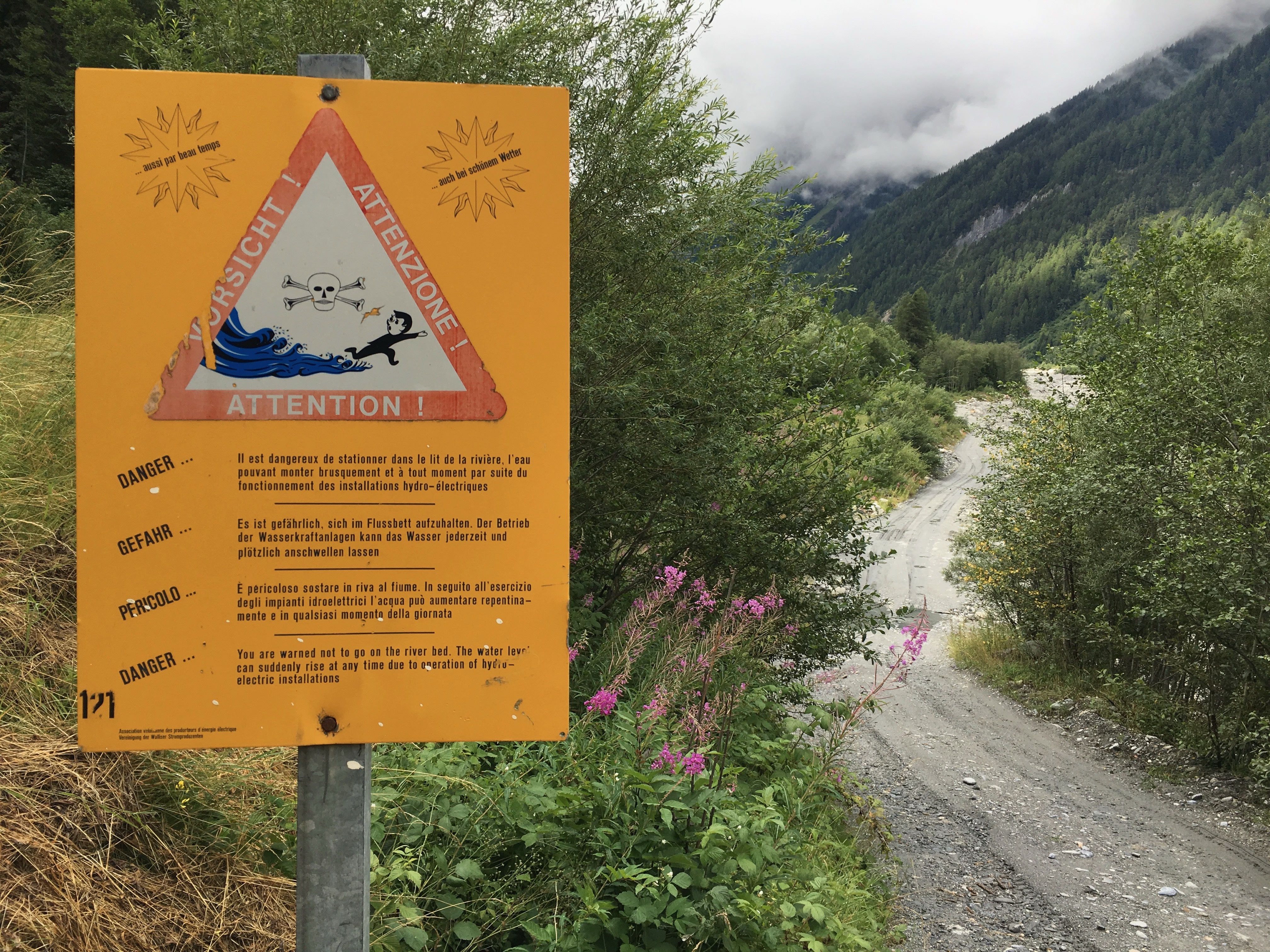 We discovered the hydroelectric plant’s warning sign after we’d bushwhacked into its empty riverbed – oops.