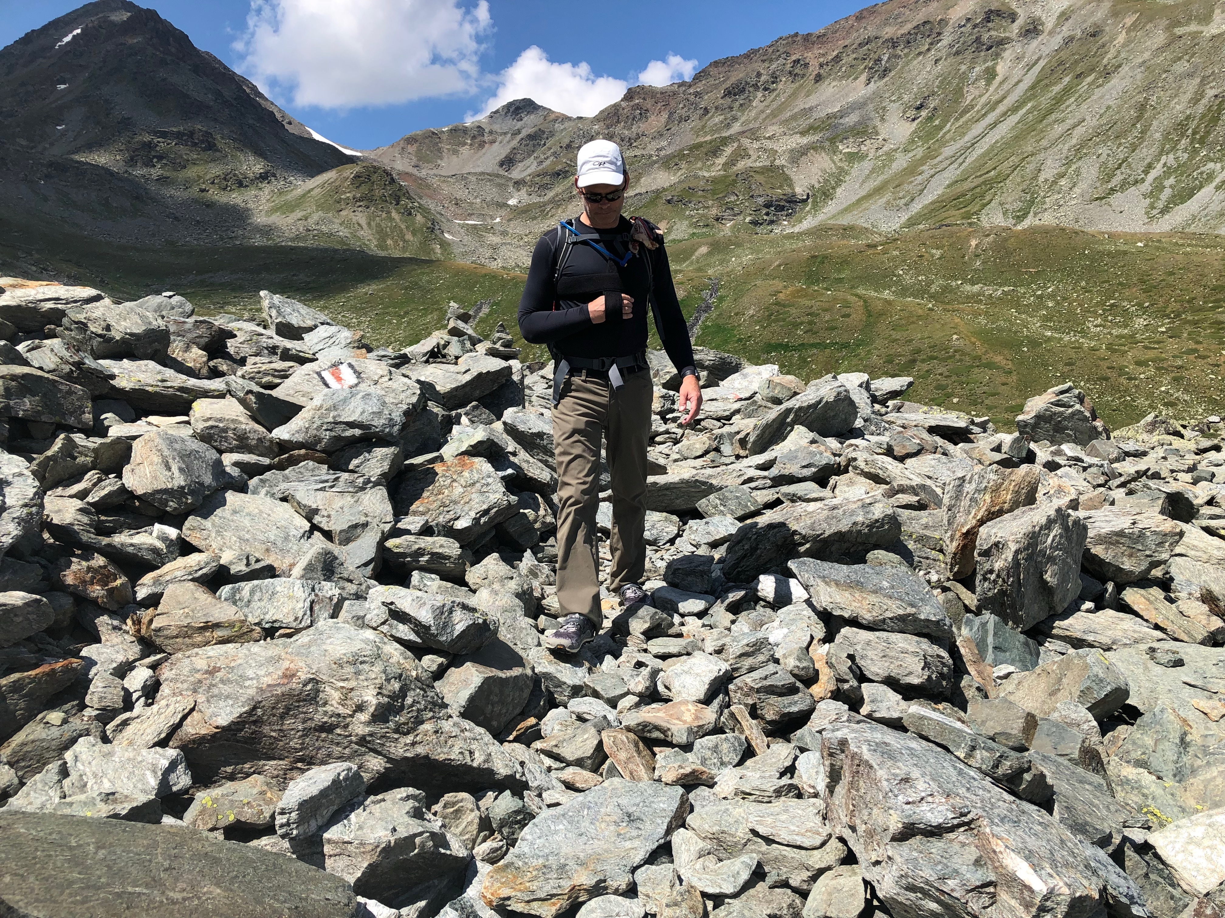 Typical bit of rocky trail descending from the Augstbordspass. Note how ugly and gray the pass itself looks in the background!