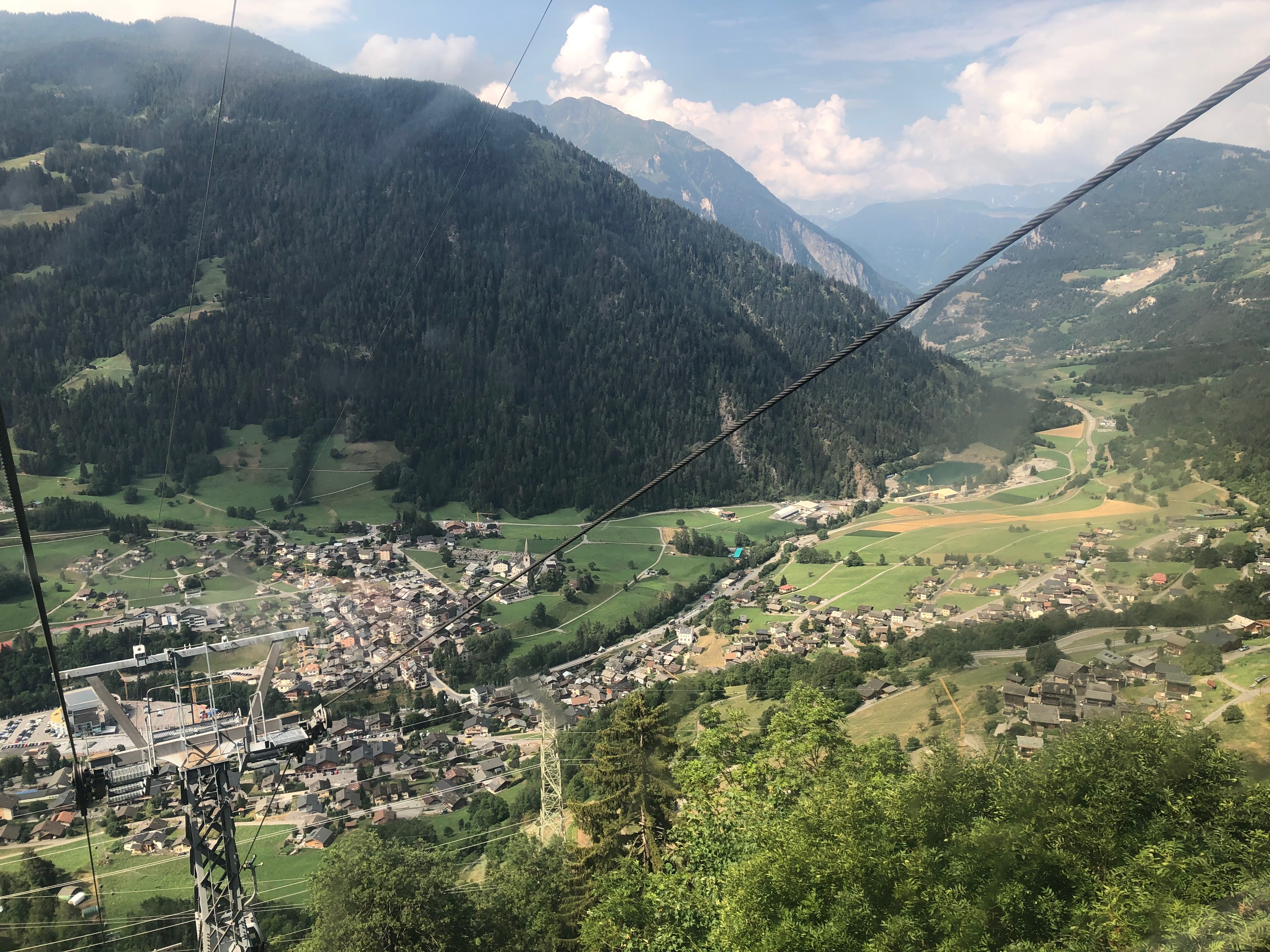 Looking down on Le Châble as the cablecar whisks us up to Verbier, where we caught another cablecar up to the high slopes.