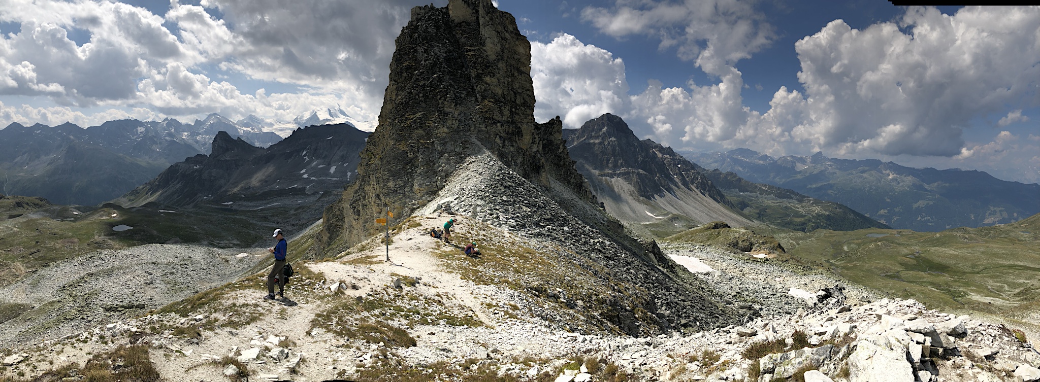 Chris on the Augstbordpass between Grüben and St. Niklaus on the Haute Route. The pano exaggerates the proportions, but passes really do give this 360° vibe.