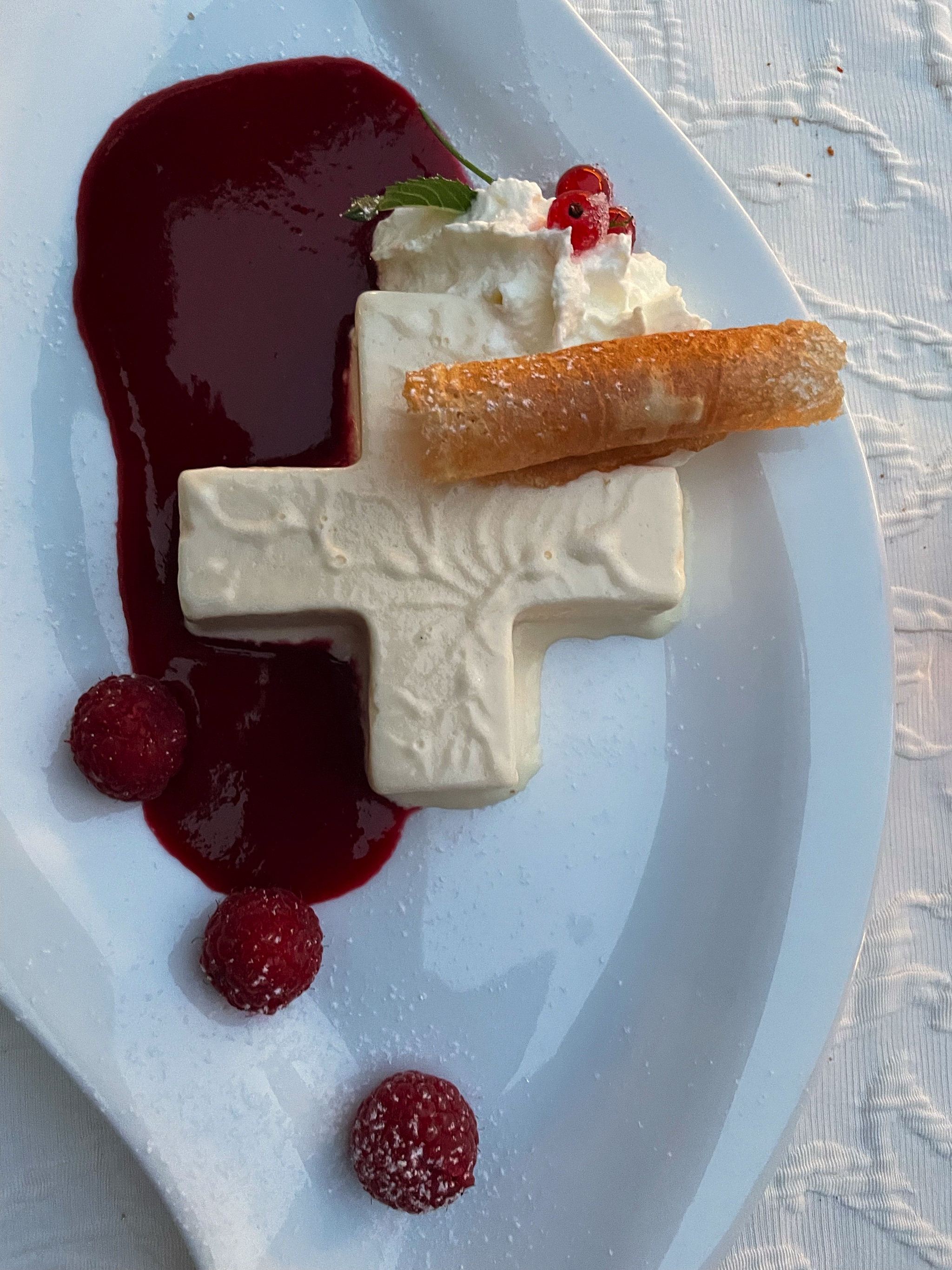 The hotel served us a special Swiss dessert as part of the set menu.