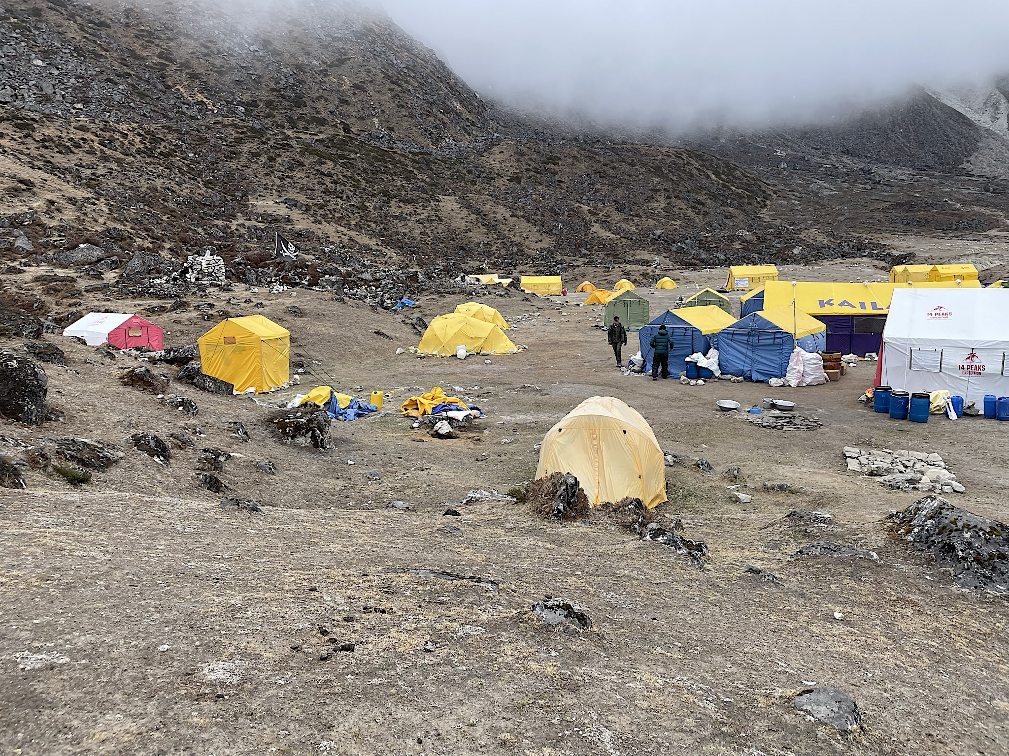 Base camp is in a wide flat bowl.