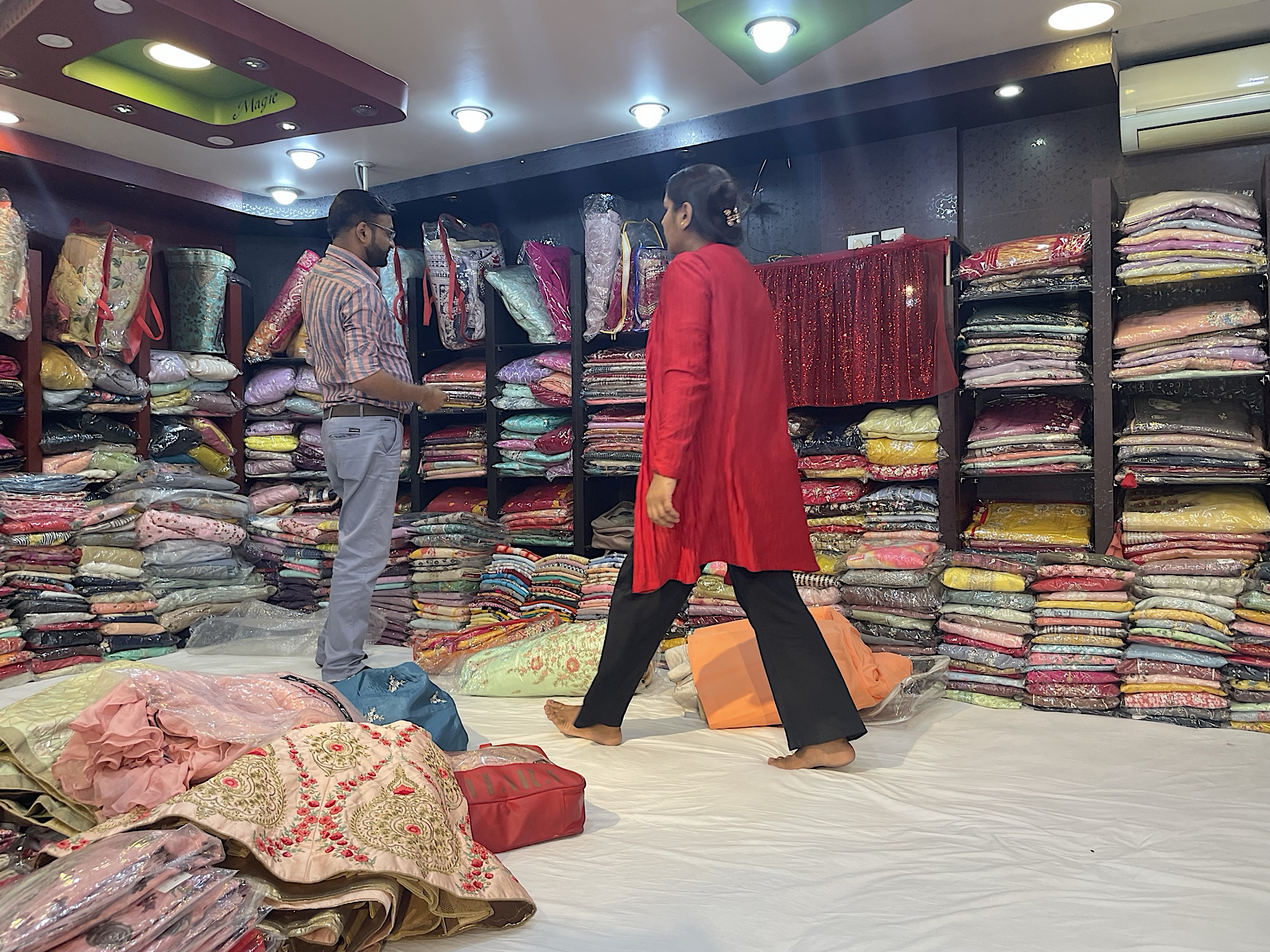 The stacks of garments at Krishna Boutique.