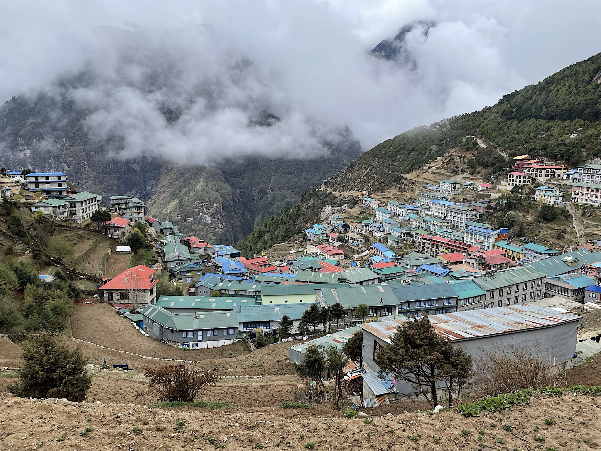 Our last view of Namche, nestled in the clouds this morning.