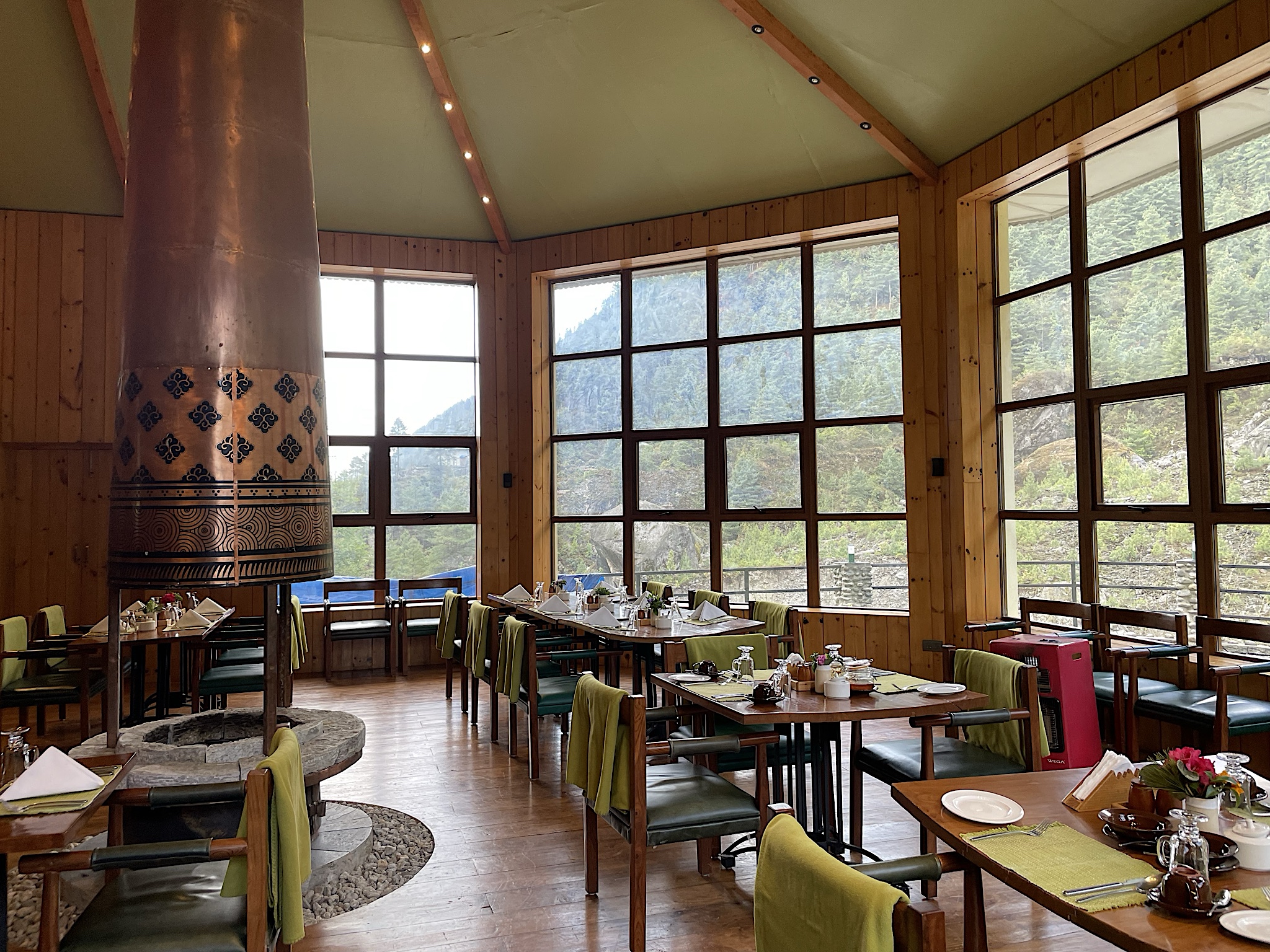 A sunny, albeit chilly, dining room at the Phakding Mountain Lodge.