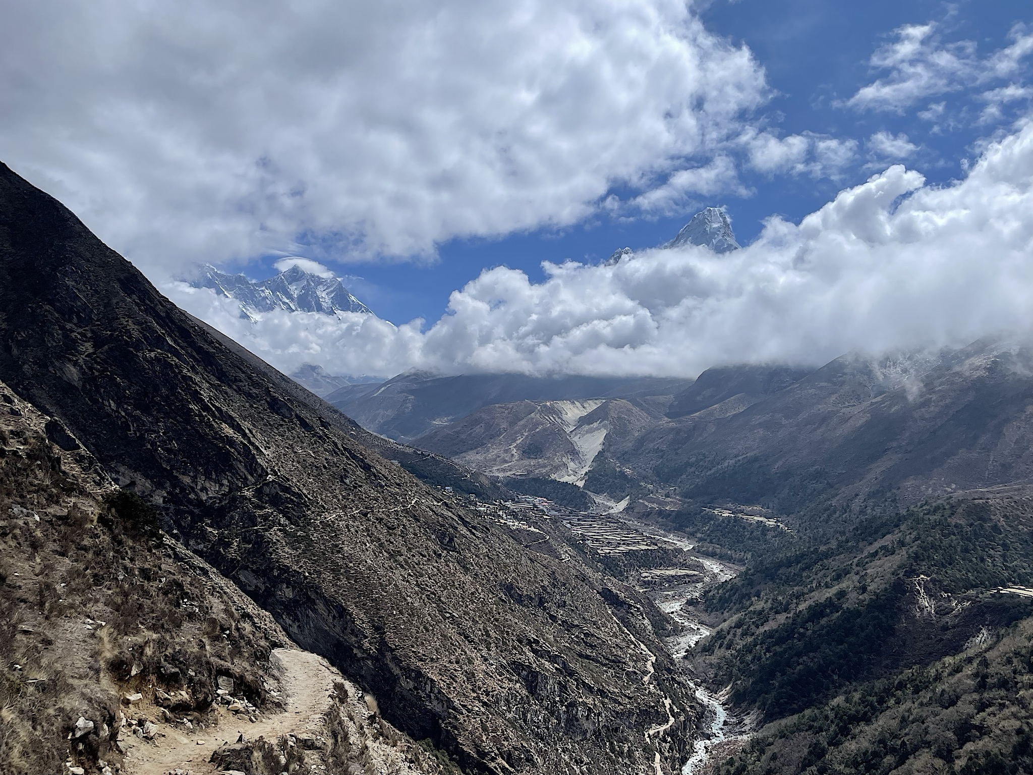 Looking back toward Pangboche and Ama Dablam, coyly peeking out from the clouds this morning.